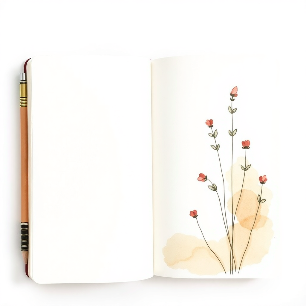 hand-drawn watercolor illustration of a peaceful journal with soft pencil, warm earth tones, gentle and organic style
