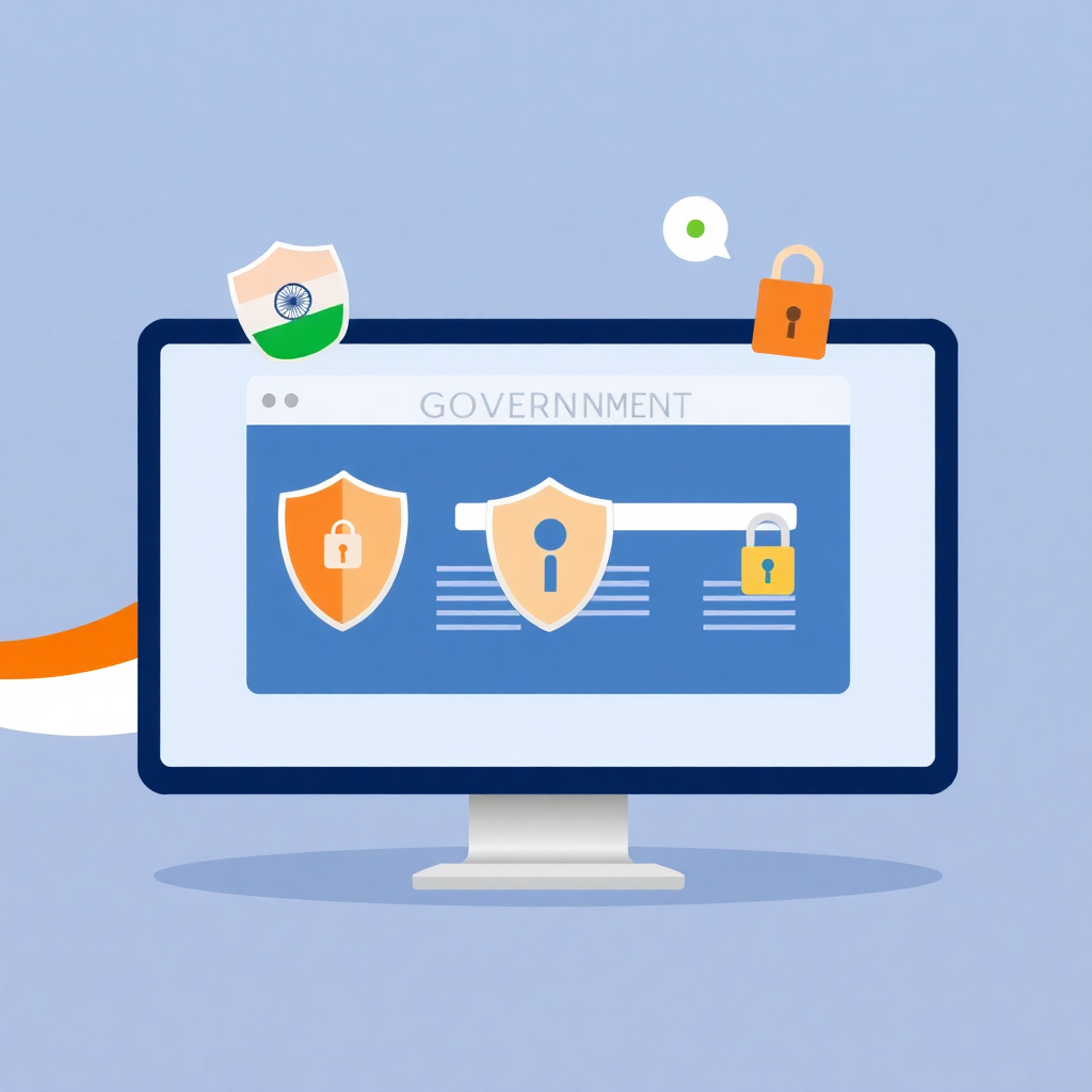 A digital illustration showcasing a secure government website on a desktop monitor, with shields and lock icons, and Indian flag colors subtly integrated. Clean, modern, vector style.