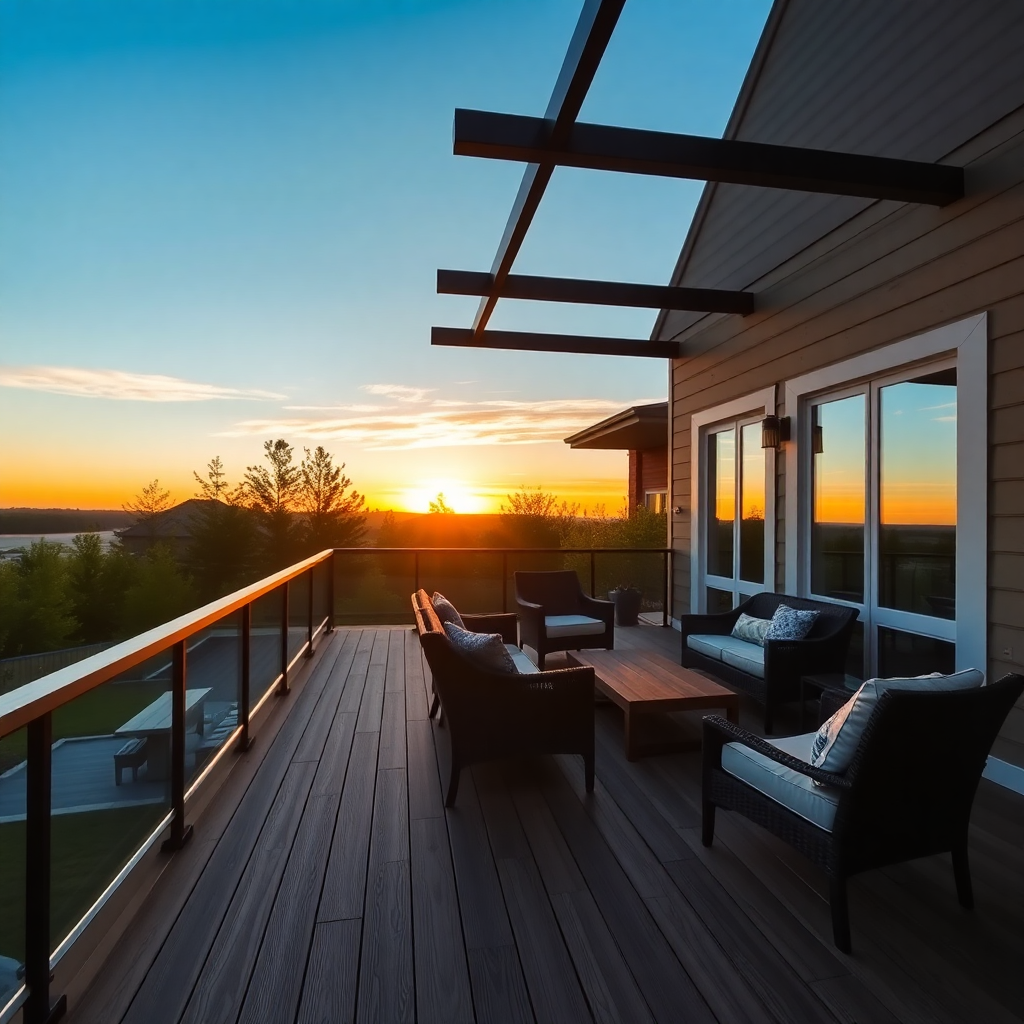 custom wooden deck with modern railings and outdoor furniture at sunset