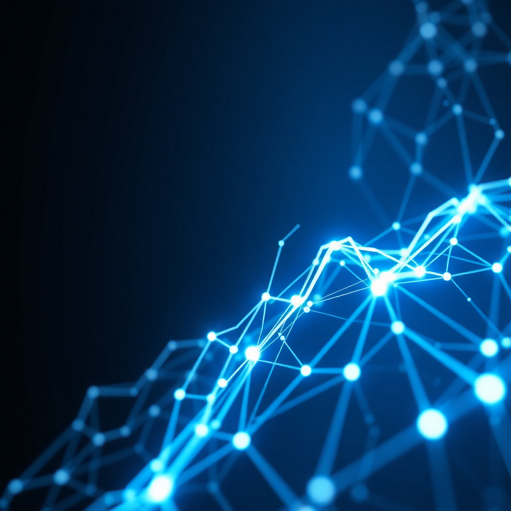 abstract futuristic financial data visualization with glowing blue lines and neural network patterns on dark background