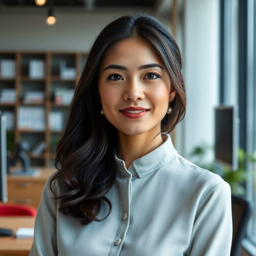 professional female AI architect portrait, technology leader in modern workspace