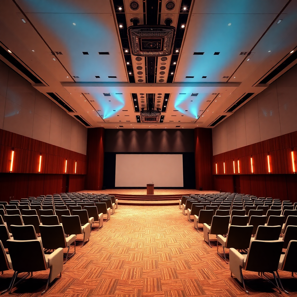 conference hall with modern stage, professional lighting, business presentation setup, elegant auditorium