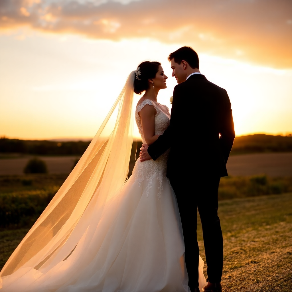 bride and groom sunset portrait golden hour romantic wedding