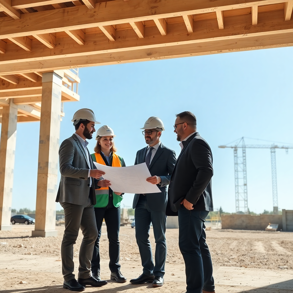 professional team reviewing architectural plans on construction site