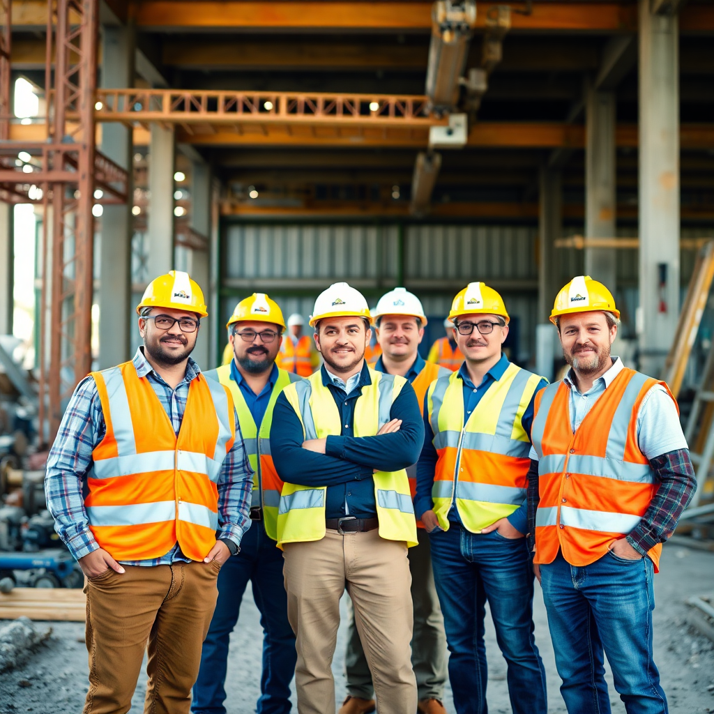 construction team on site, professional construction workers, team photo at construction site