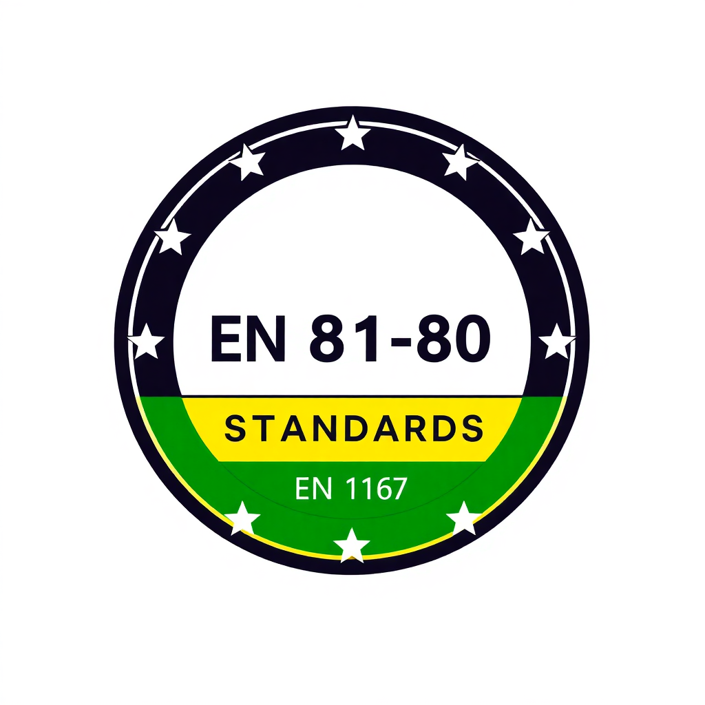 EU safety standards certification document, EN 81-80 compliance badge, professional safety inspection illustration, modern regulatory design