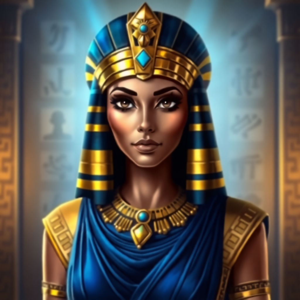 egyptian queen cleopatra, golden jewelry, hieroglyphs background, mysterious blue and gold lighting, slot game style