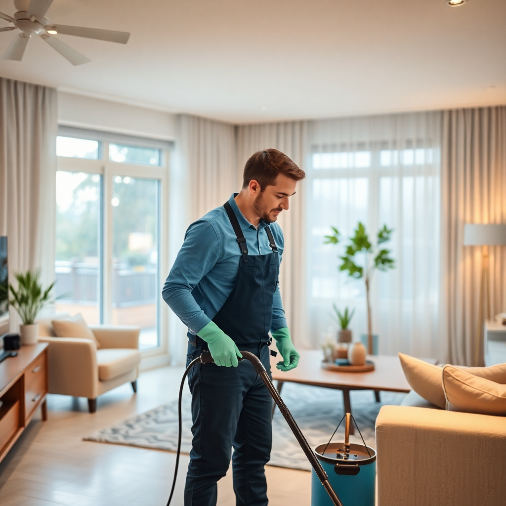 professional cleaner working in modern home interior, warm lighting, realistic photography