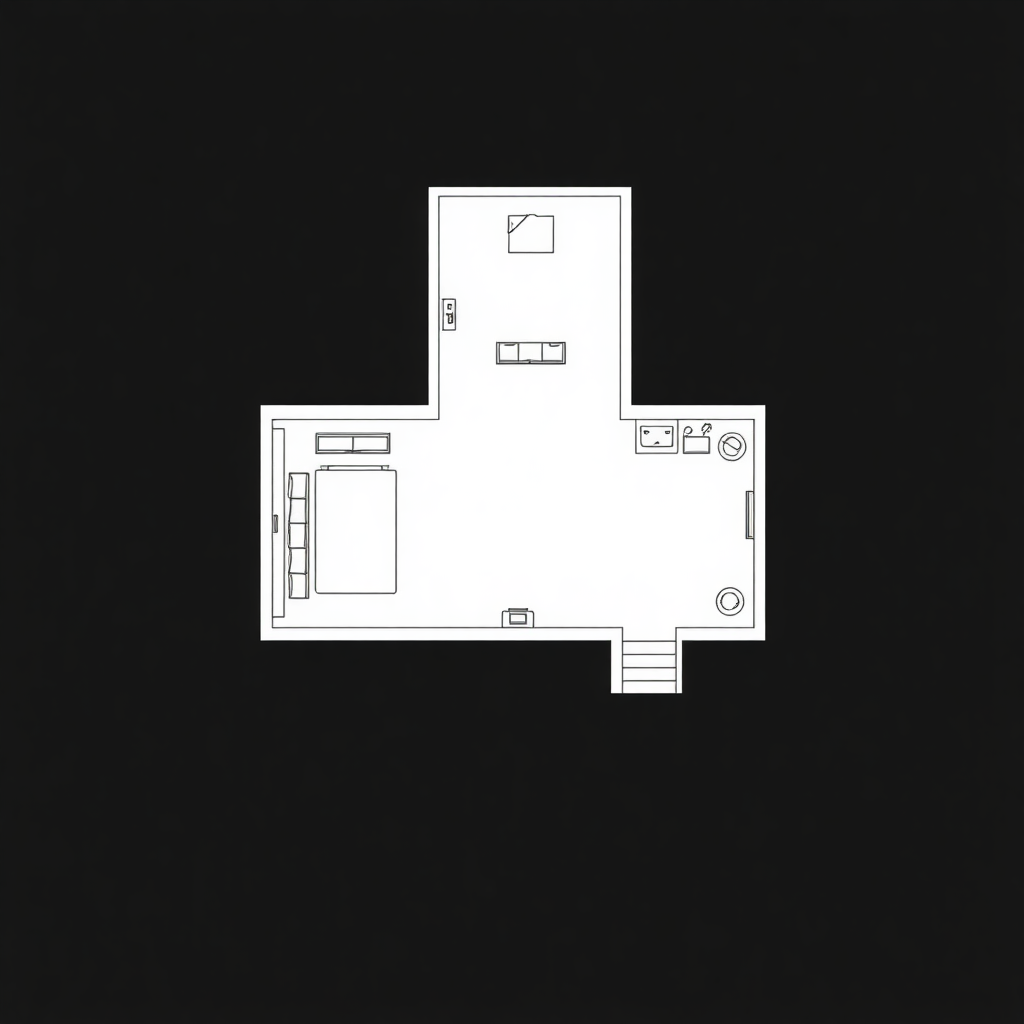 minimalist white line art architectural floor plan of hotel suite on dark background