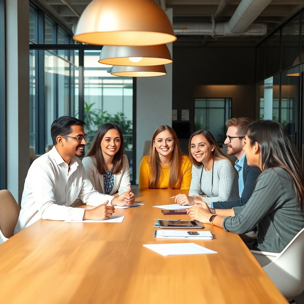 professional education consultants meeting with diverse international students in modern office, warm lighting and collaborative atmosphere