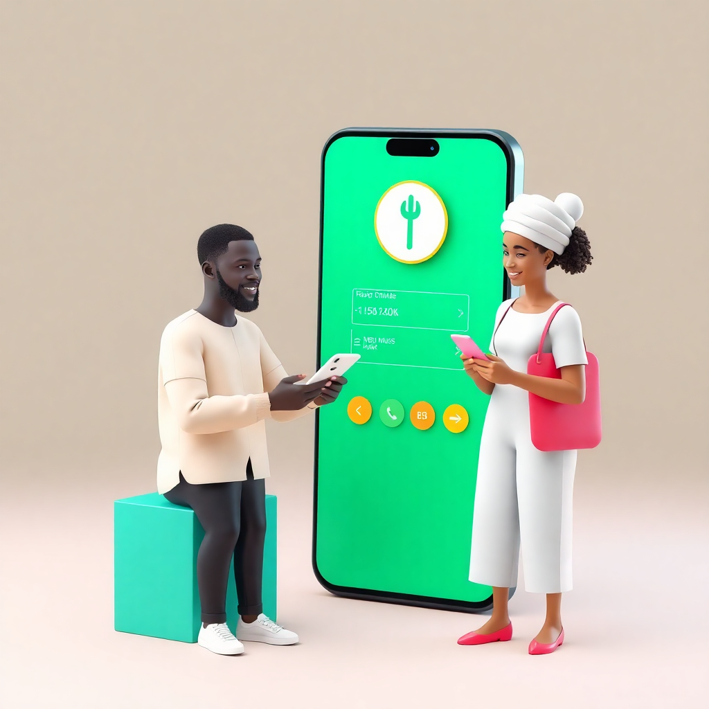 3D illustration of Nigerian people using mobile banking app, colorful modern style