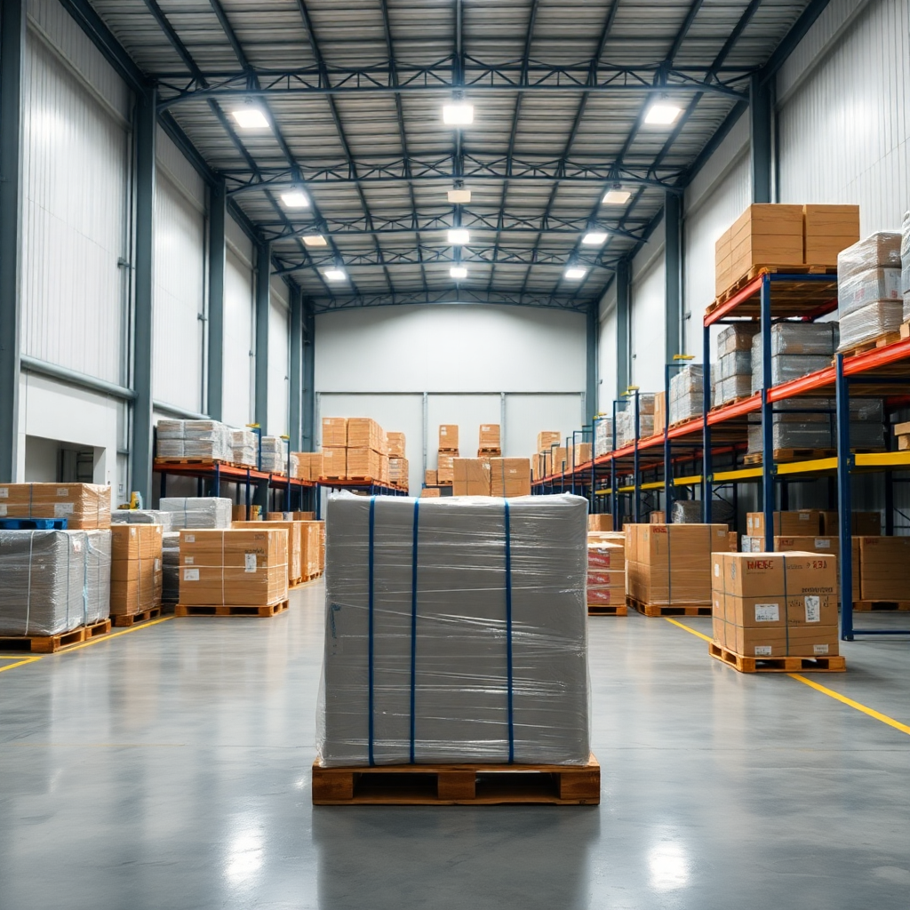 warehouse with multiple pallets and cargo, ltl shipping logistics