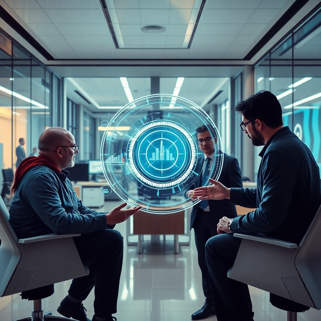 futuristic office interior with engineers collaborating around a holographic interface displaying complex data, sleek and modern aesthetic