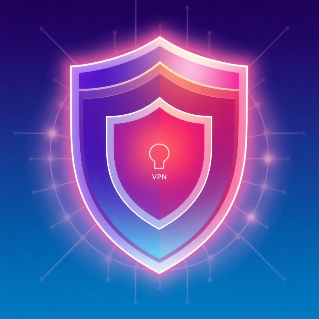 digital security shield with VPN protection, cyber security illustration, blue and purple gradient background