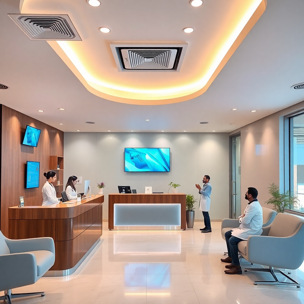 modern Indian multispecialty clinic reception area with digital screens and professional staff