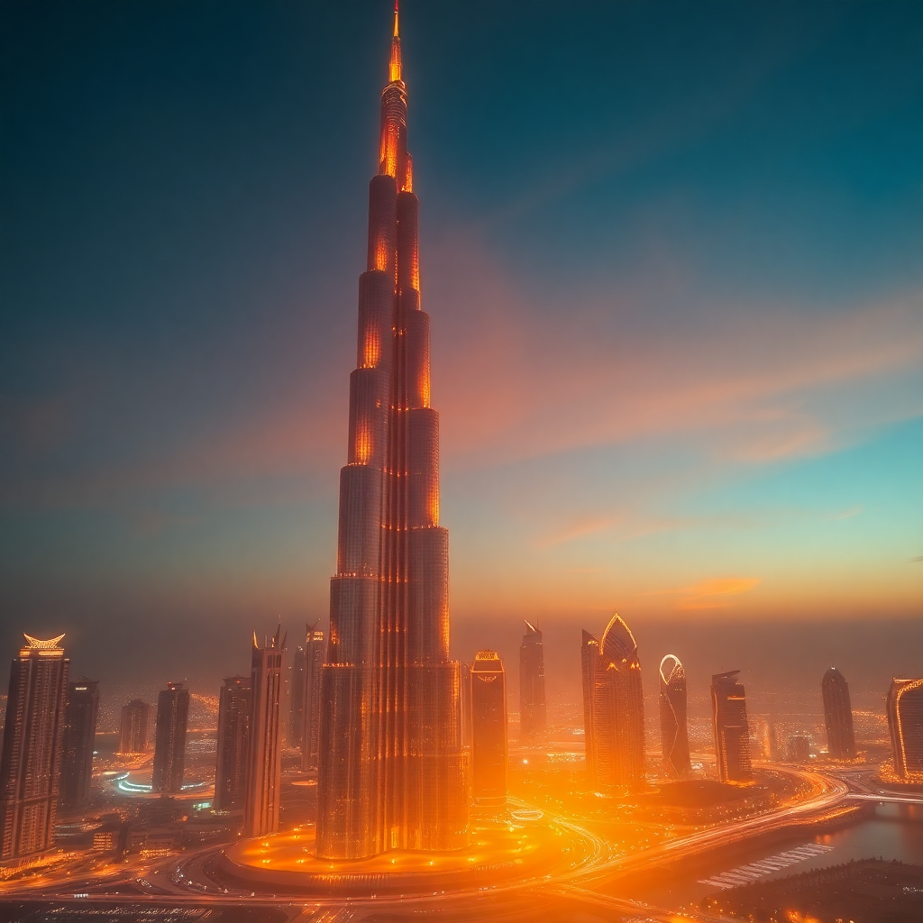 cinematic drone shot of dubai skyline burj khalifa at sunset with warm orange glow