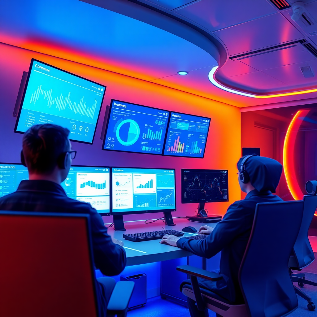 modern insurance command center with AI agents dashboard, multiple screens showing analytics, blue and orange ambient lighting, futuristic office environment