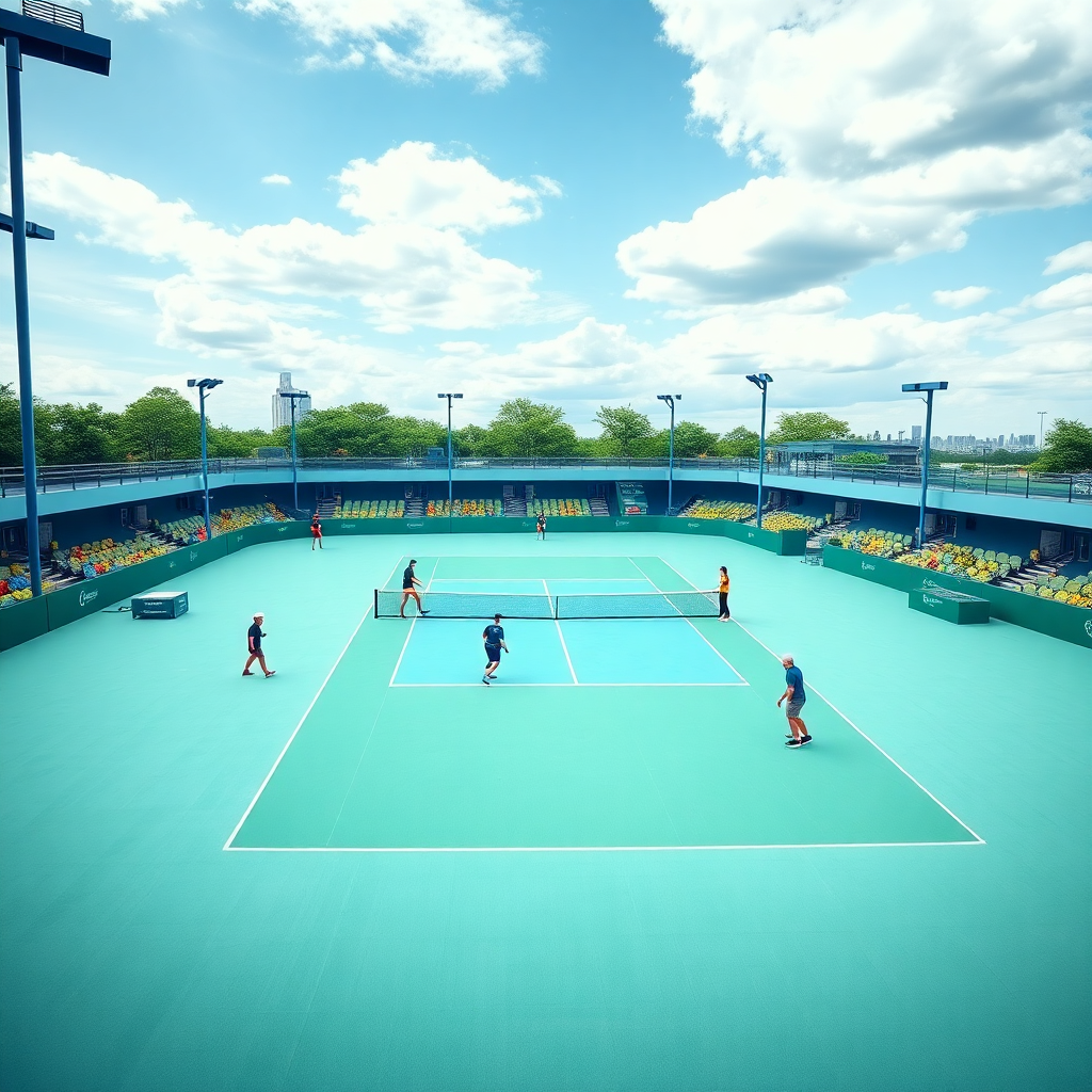 tennis court with players playing, modern tennis tournament scene, vibrant green and blue colors