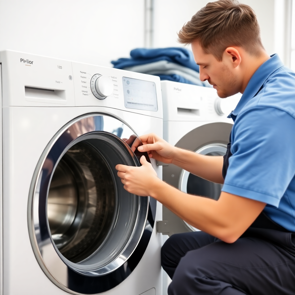 washing machine repair service, technician fixing front-load washer, modern laundry room, professional blue uniform
