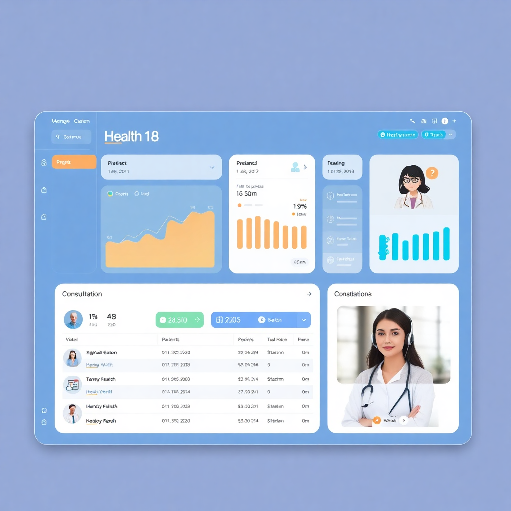 healthcare technology dashboard showing patient progress tracking and virtual consultations, modern interface design