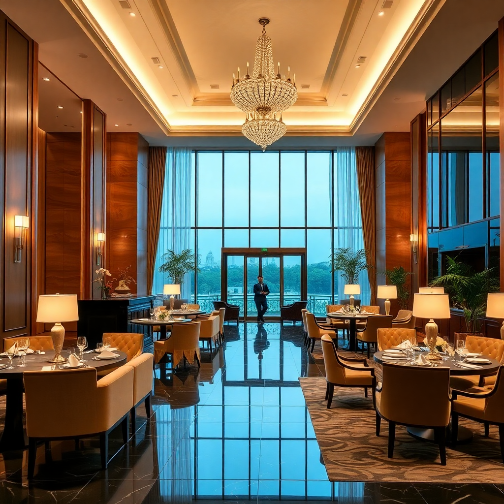 luxury hotel lobby and dining area, elegant hospitality setting, professional hotel service