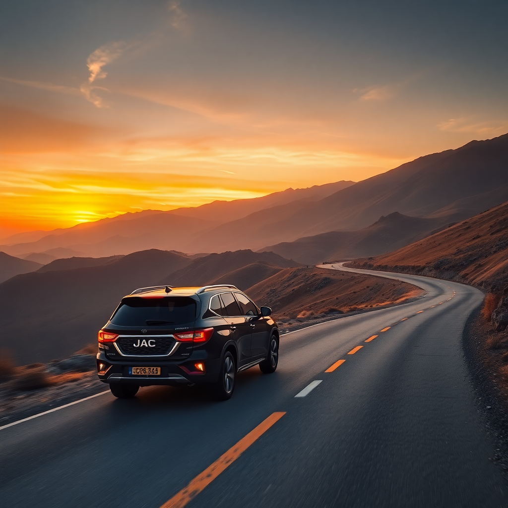 cinematic shot of JAC SUV driving on winding mountain road in Uzbekistan during golden hour dramatic landscape sunset warm tones