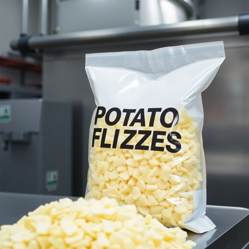 potato flakes in industrial packaging, dried potato flakes, food grade potato products, clean packaging