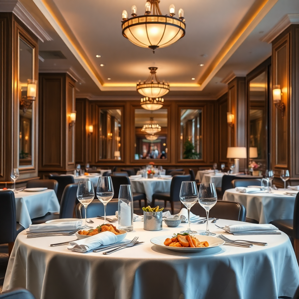 elegant restaurant interior with sophisticated lighting, white tablecloths, fine dining setup, professional food photography