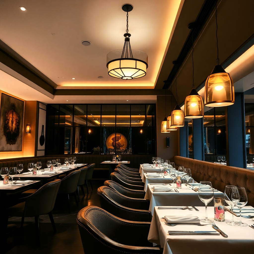 elegant restaurant interior with warm ambient lighting, fine dining atmosphere, luxury restaurant setting, modern sophisticated design