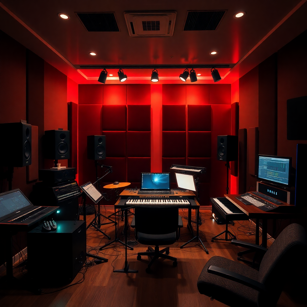 professional music studio session with modern equipment and ambient lighting
