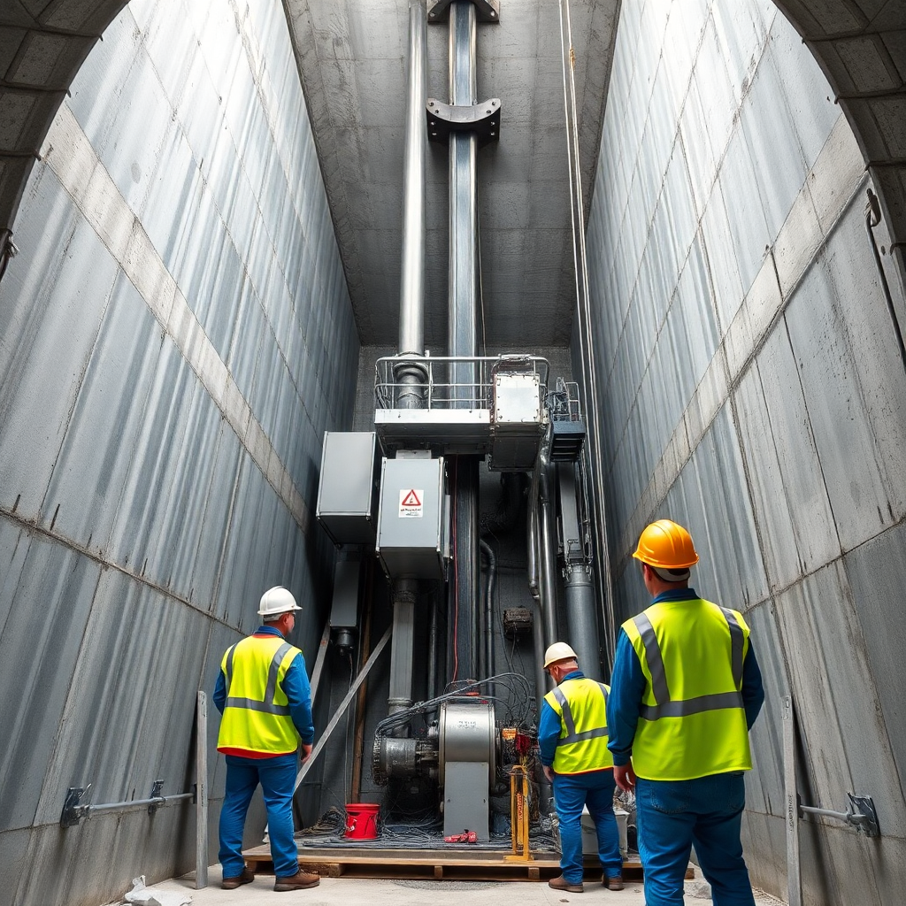 technicians installing elevator machinery in shaft, workers with safety equipment, construction site