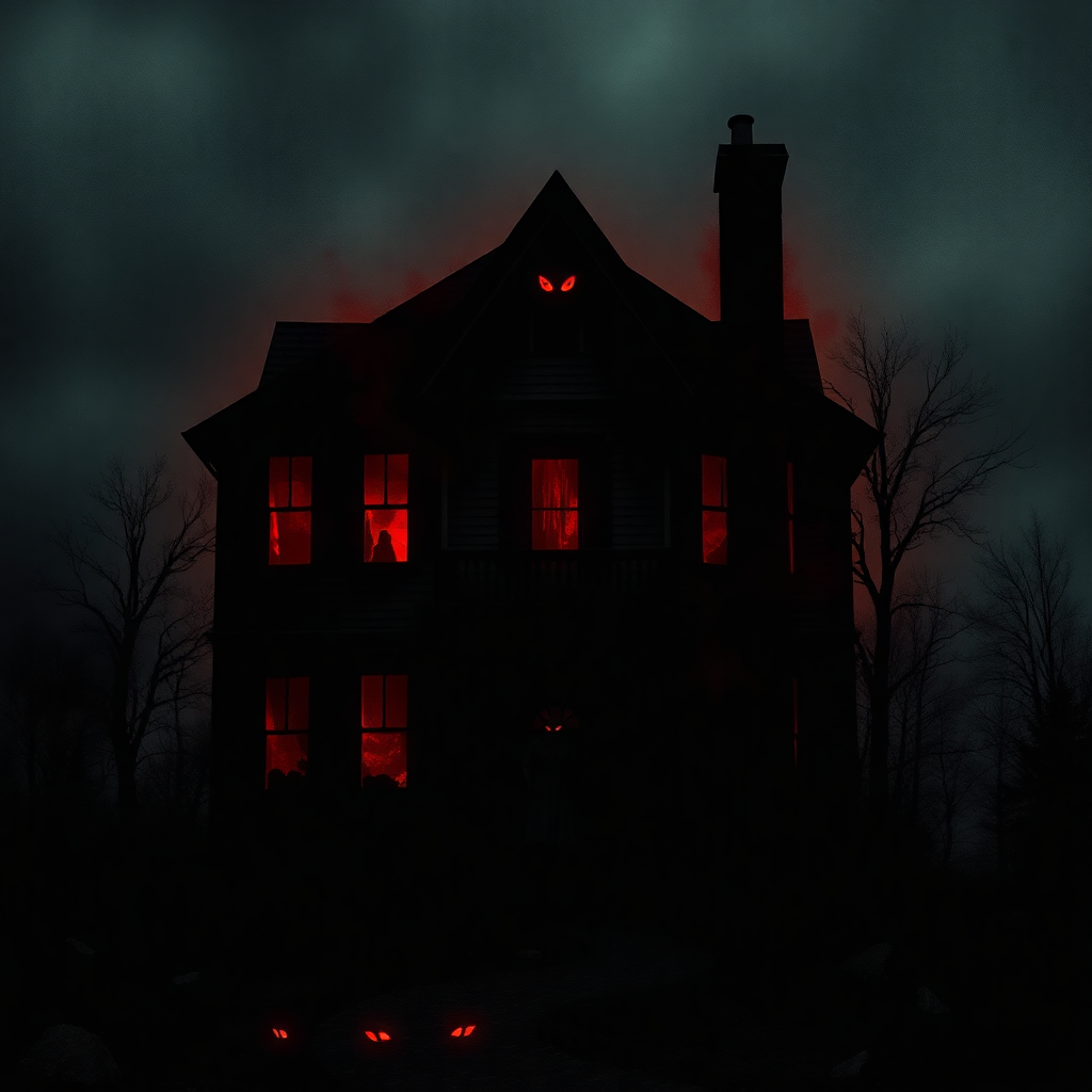 horror movie poster, dark house, red eyes