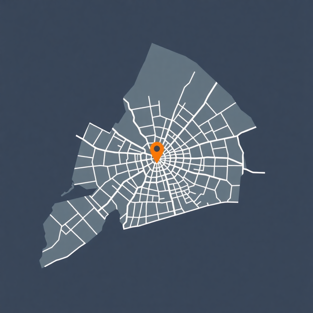 minimalist map showing Brooklyn New York streets with a single orange pin