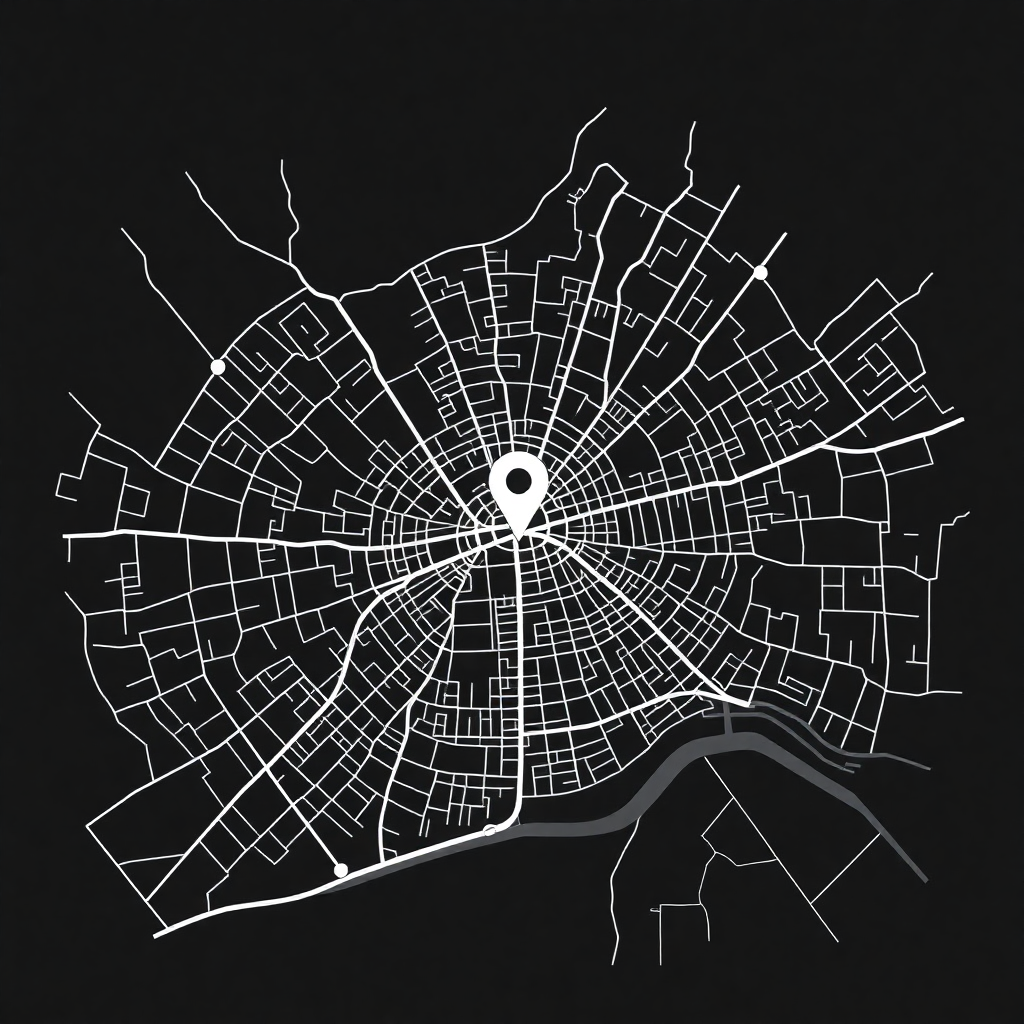 modern city map with highlighted location point minimalist dark theme