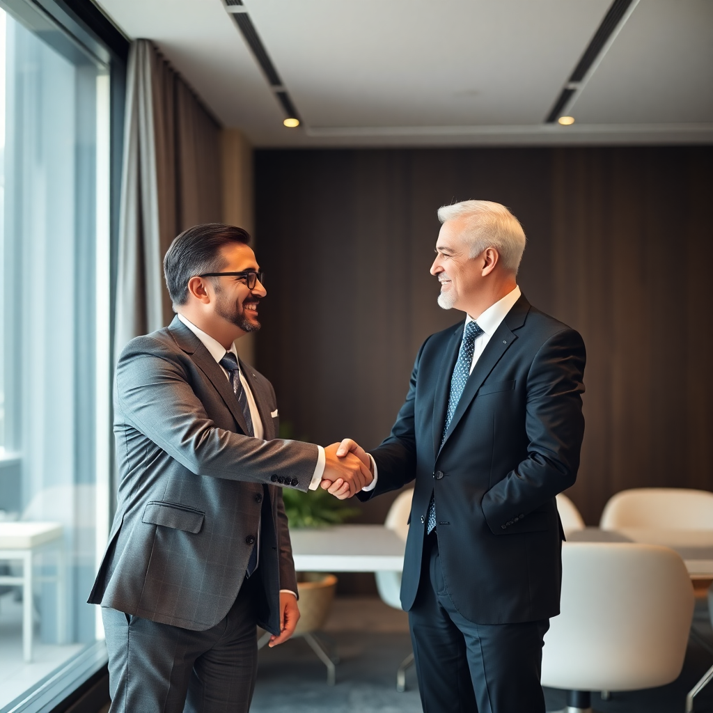 luxury business handshake between international executives, modern office interior, professional corporate photography