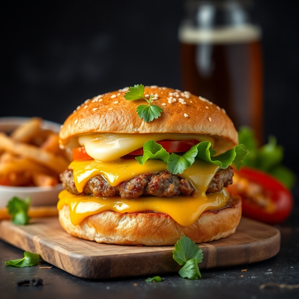 gourmet juicy burger with melting cheese and fresh vegetables on a dark rustic background, professional food photography
