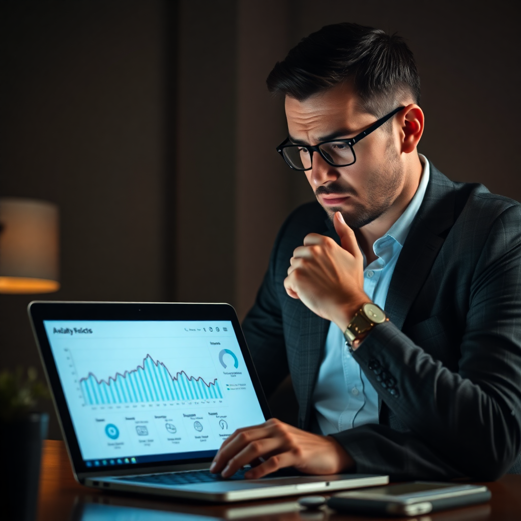 business owner frustrated by poor digital marketing results on laptop screen, entrepreneur reviewing declining analytics, dramatic office lighting, corporate struggle photography, emotional business challenge