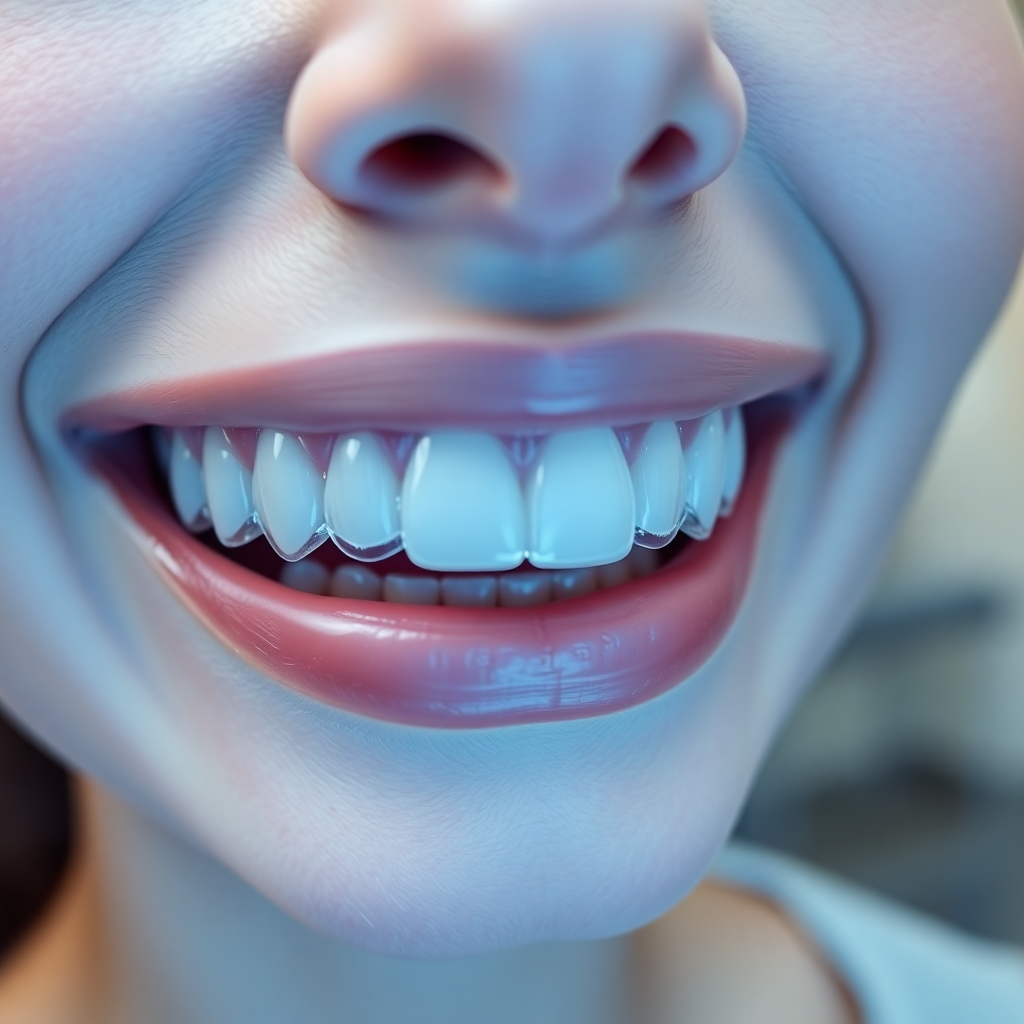 close-up of clear Invisalign aligners on white teeth, bright clinical dental photography, professional lighting, modern dental office background
