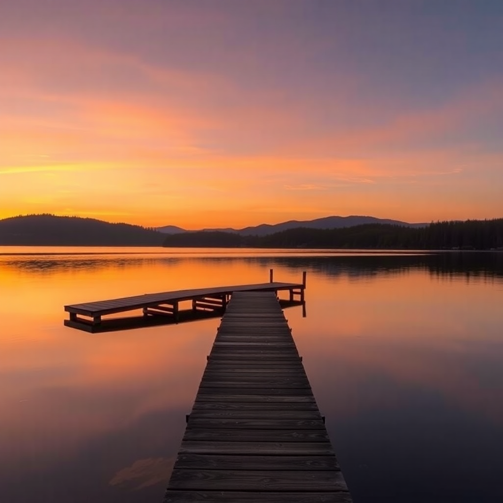 calm lake at sunset, small wooden dock, reflection on water, peaceful landscape