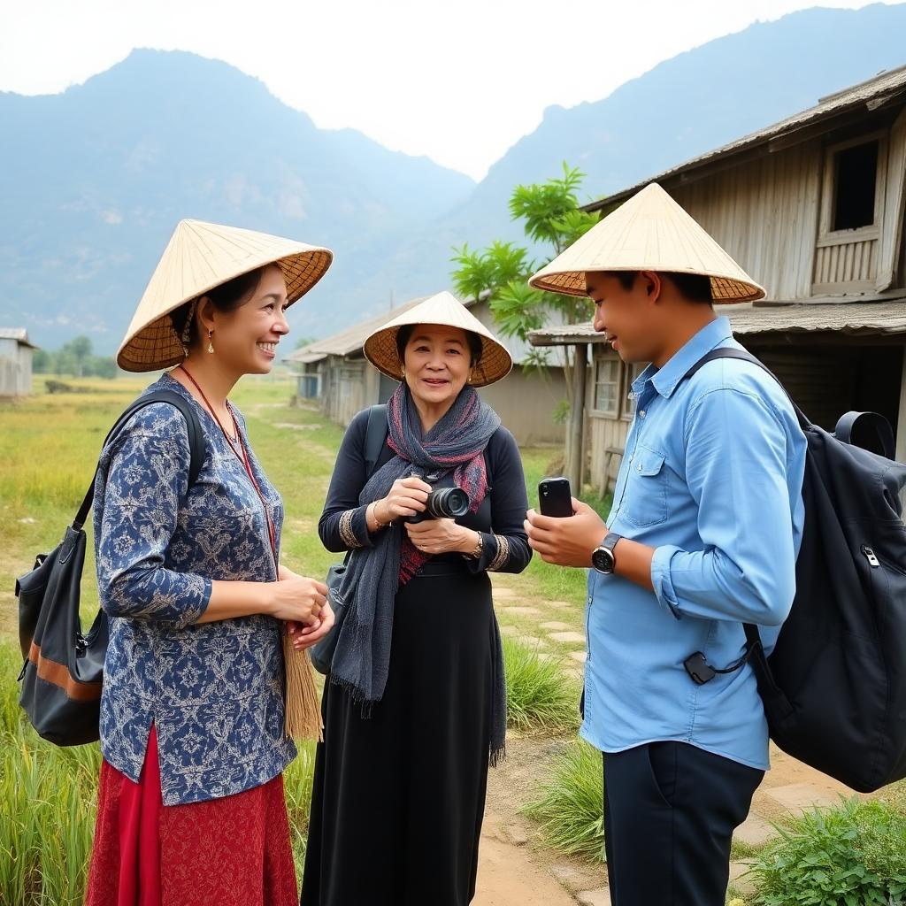 Vietnamese local guide showing tourists traditional culture in rural village, authentic cultural exchange, professional photography