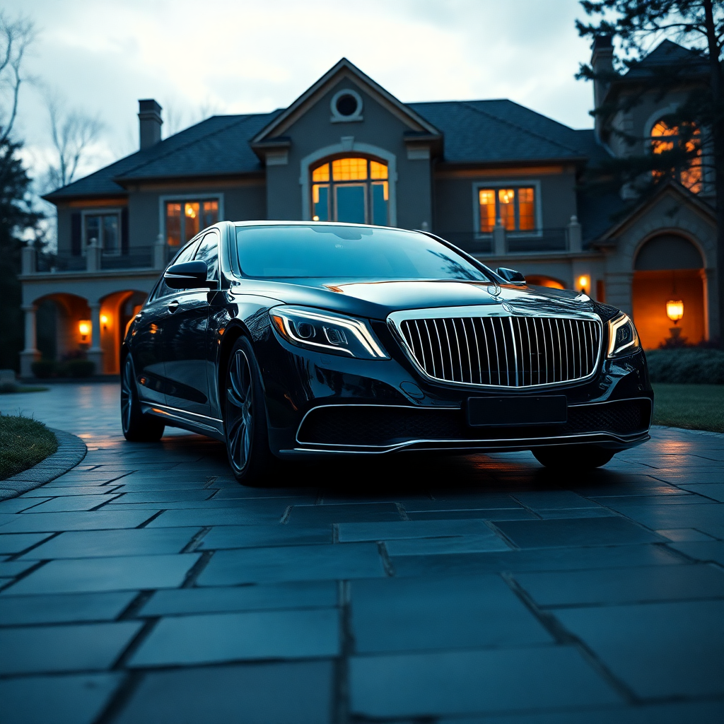 luxury black Mercedes Maybach on driveway of mansion, cinematic lighting