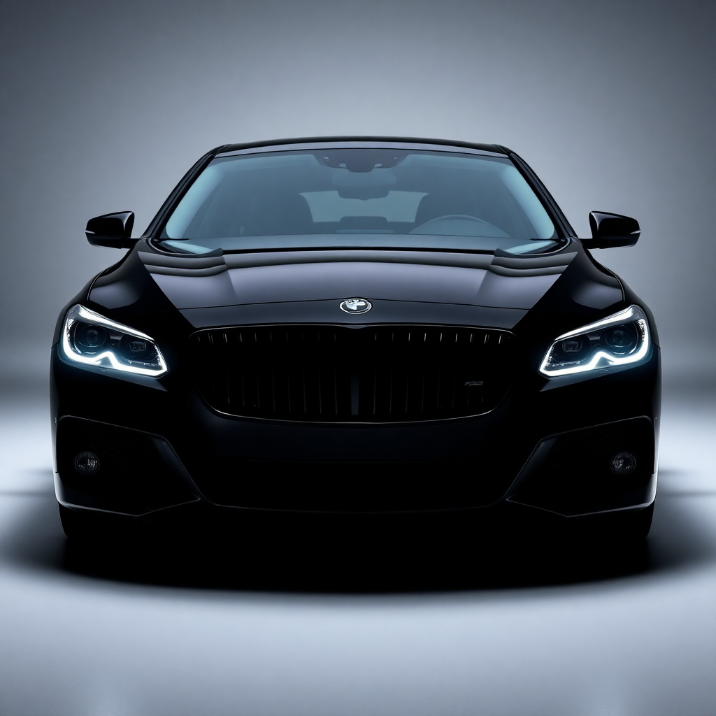 black luxury sedan car front view studio lighting