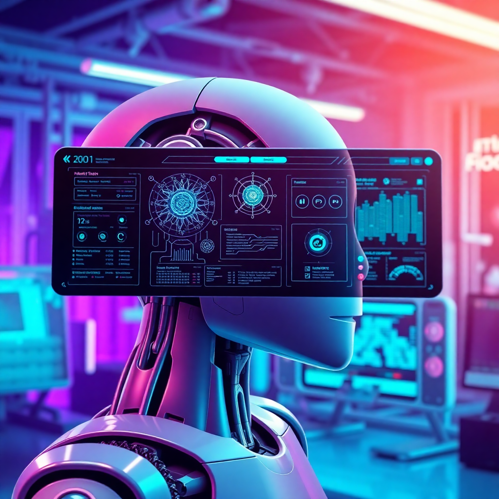 futuristic AI robot testing automation dashboard with neural networks, circuit boards, holographic displays, automated testing workflows, high-tech laboratory setting, vibrant blue and purple gradient colors, digital art style