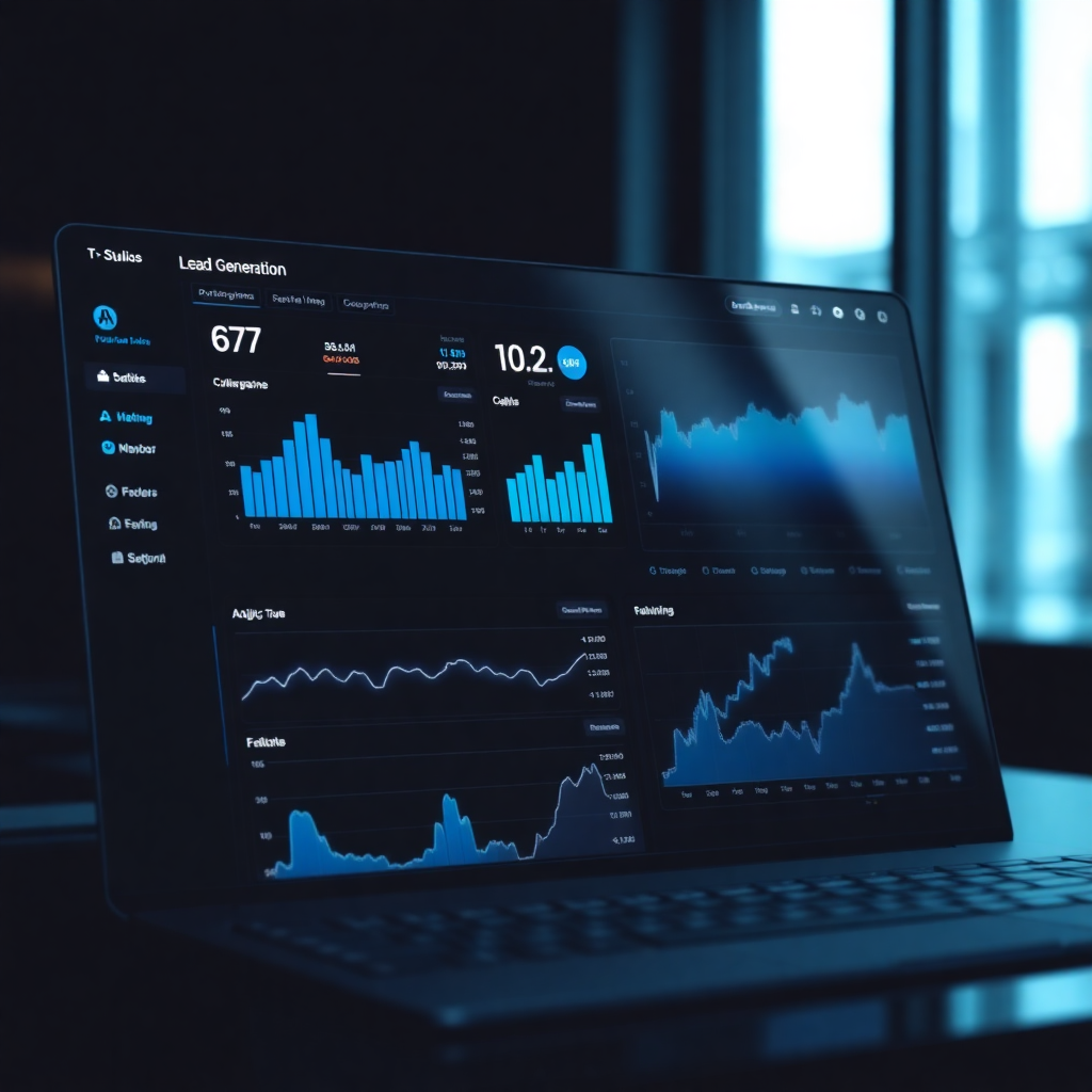 professional dashboard interface showing AI lead generation analytics, dark mode UI with blue data visualizations, corporate tech aesthetic