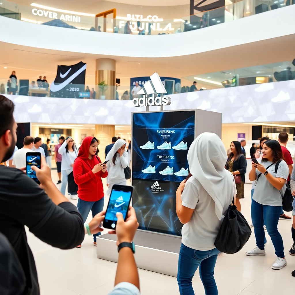 Dubai Mall shoppers participating in Adidas challenge, interactive sneaker discovery game, modern mall interior, excited customers using mobile phones, branded experience zones