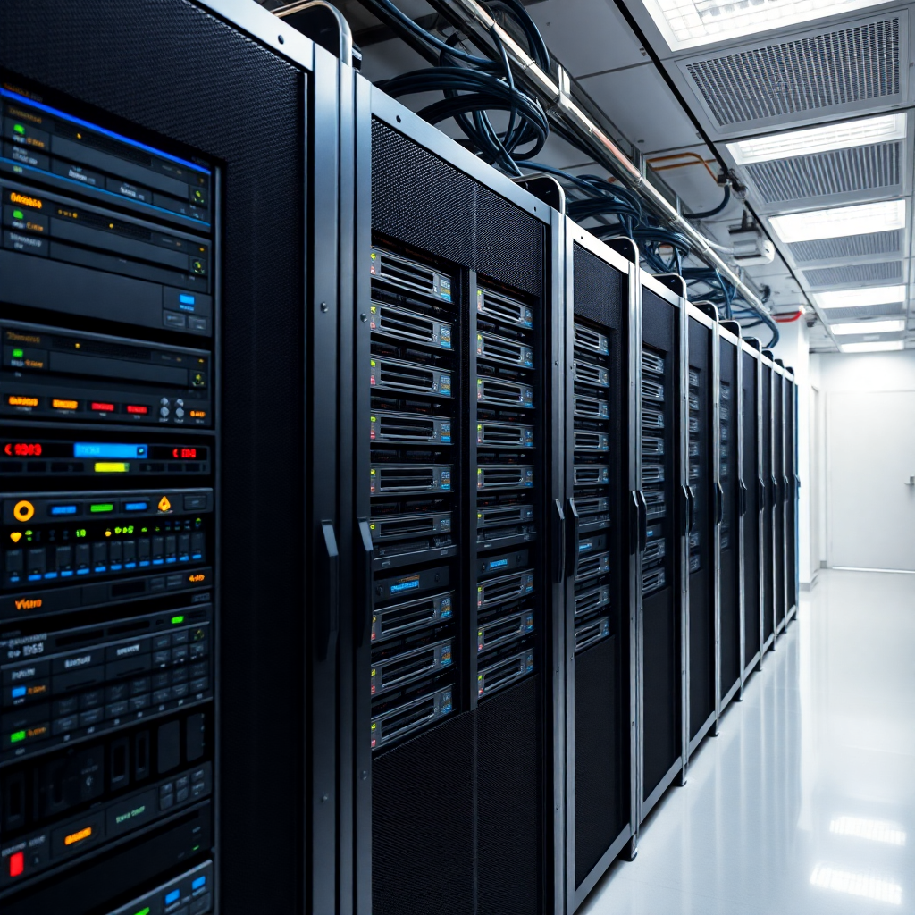 Database server infrastructure, modern data center, technical equipment, professional photography