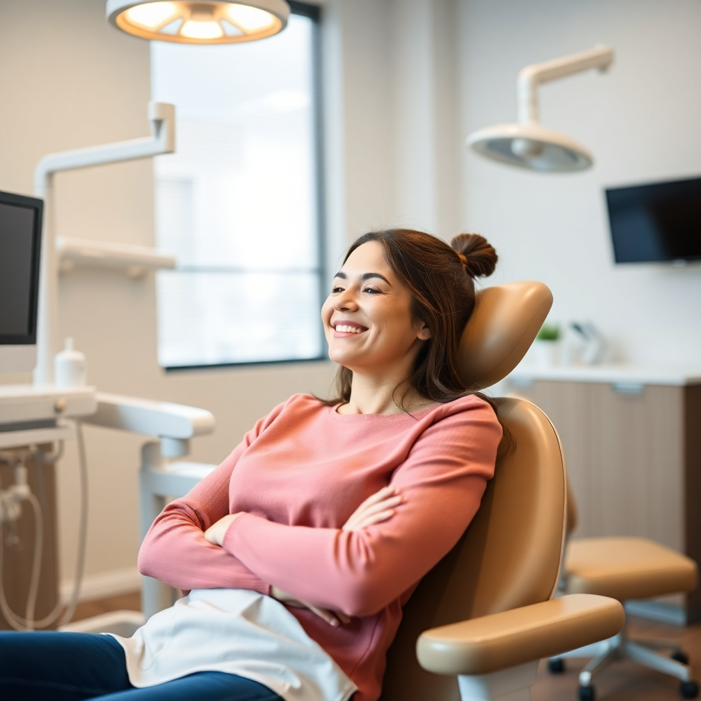 relaxed patient in modern dental chair smiling comfortable bright lighting modern dental office interior