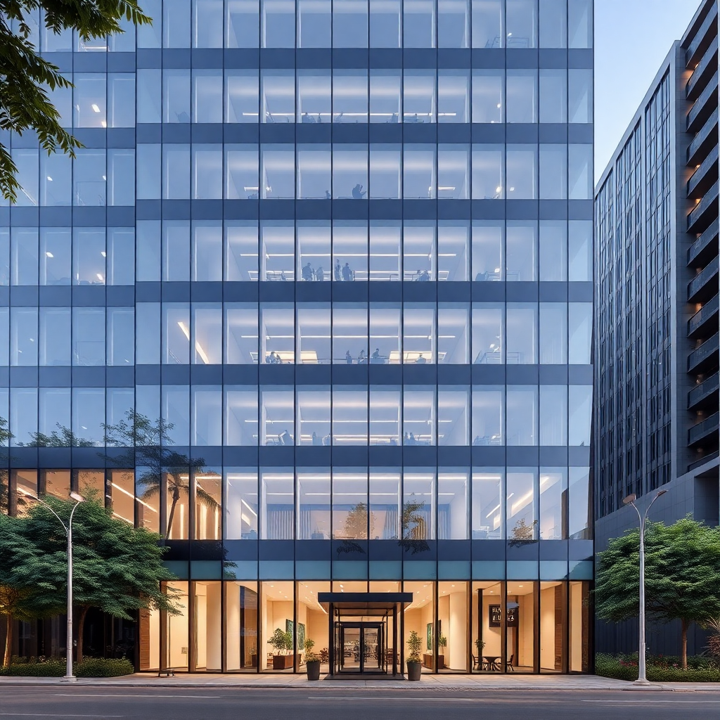 Modern Indian office building Mumbai financial district, professional corporate headquarters exterior, glass facade architecture