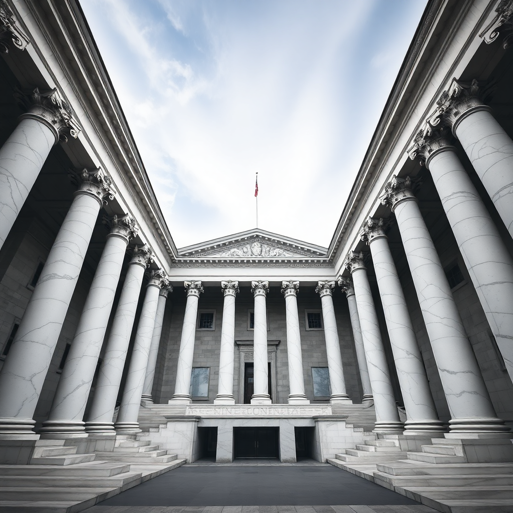 neoclassical government building with white marble pillars and columns, architectural photography, dramatic perspective