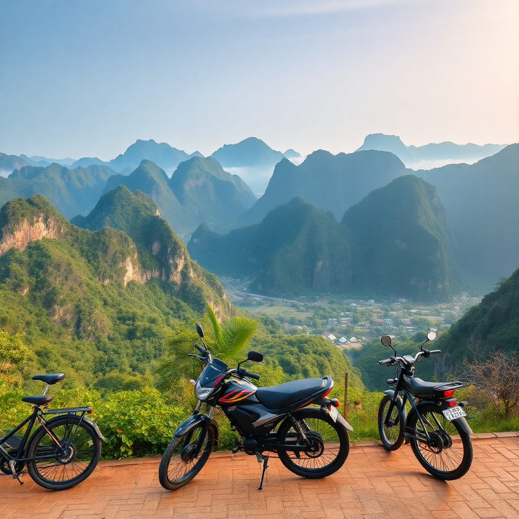 ninh binh vietnam limestone mountains with electric bikes in foreground, professional photography